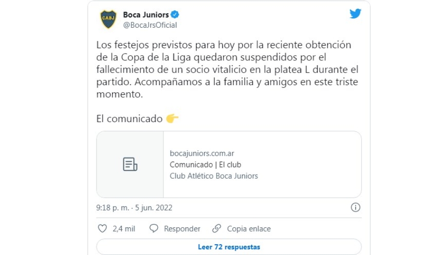 Por el fallecimiento de un socio se suspendió la celebración del título de Boca