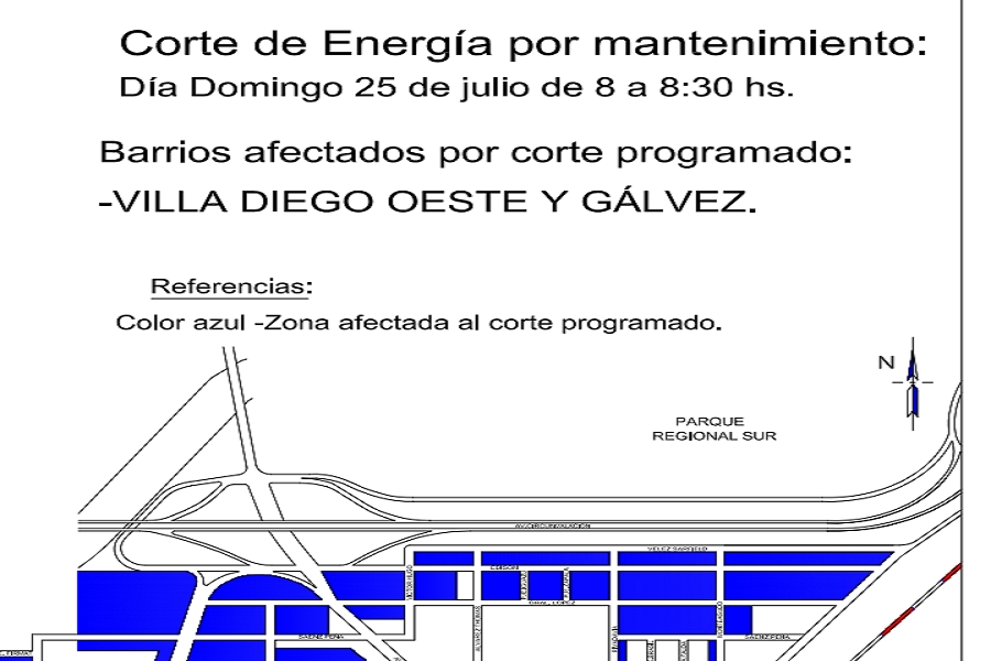 Corte de luz el domingo en barrio Villa Diego Oeste y Gálvez