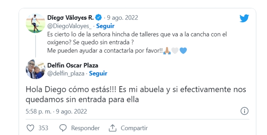 Un jugador de Talleres gestionó por Twitter la entrada para una anciana que usa oxígeno