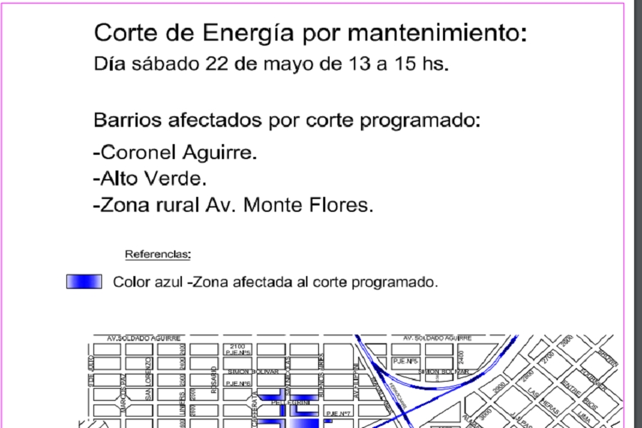 Otro corte programado éste sábado en Coronel Aguirre, Alto Verde y Zona Rural Av. Monte Flores