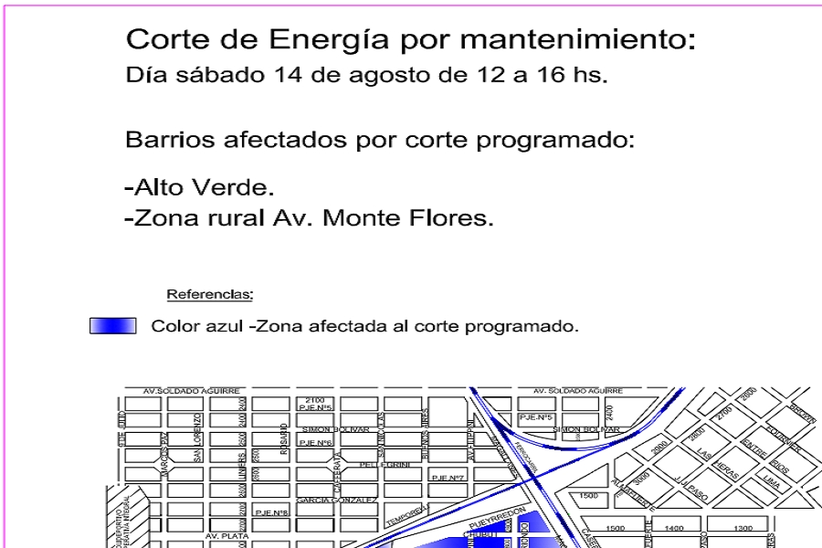 Corte de luz programado para éste sábado en Alto Verde y Monte Flores