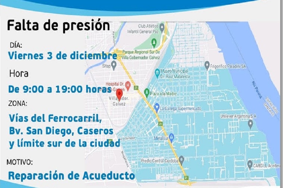 Aguas anuncia baja de presión por reparaciones éste viernes en VGG