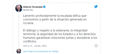 Fernández pidió a Rusia que ponga fin a las acciones