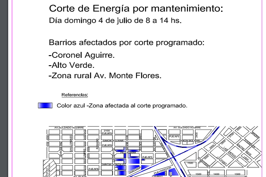 Corte programado de energía eléctrica para el domingo en los barrios Coronel Aguirre, Alto Verde y Zona Rural Av. Monte Flores. _